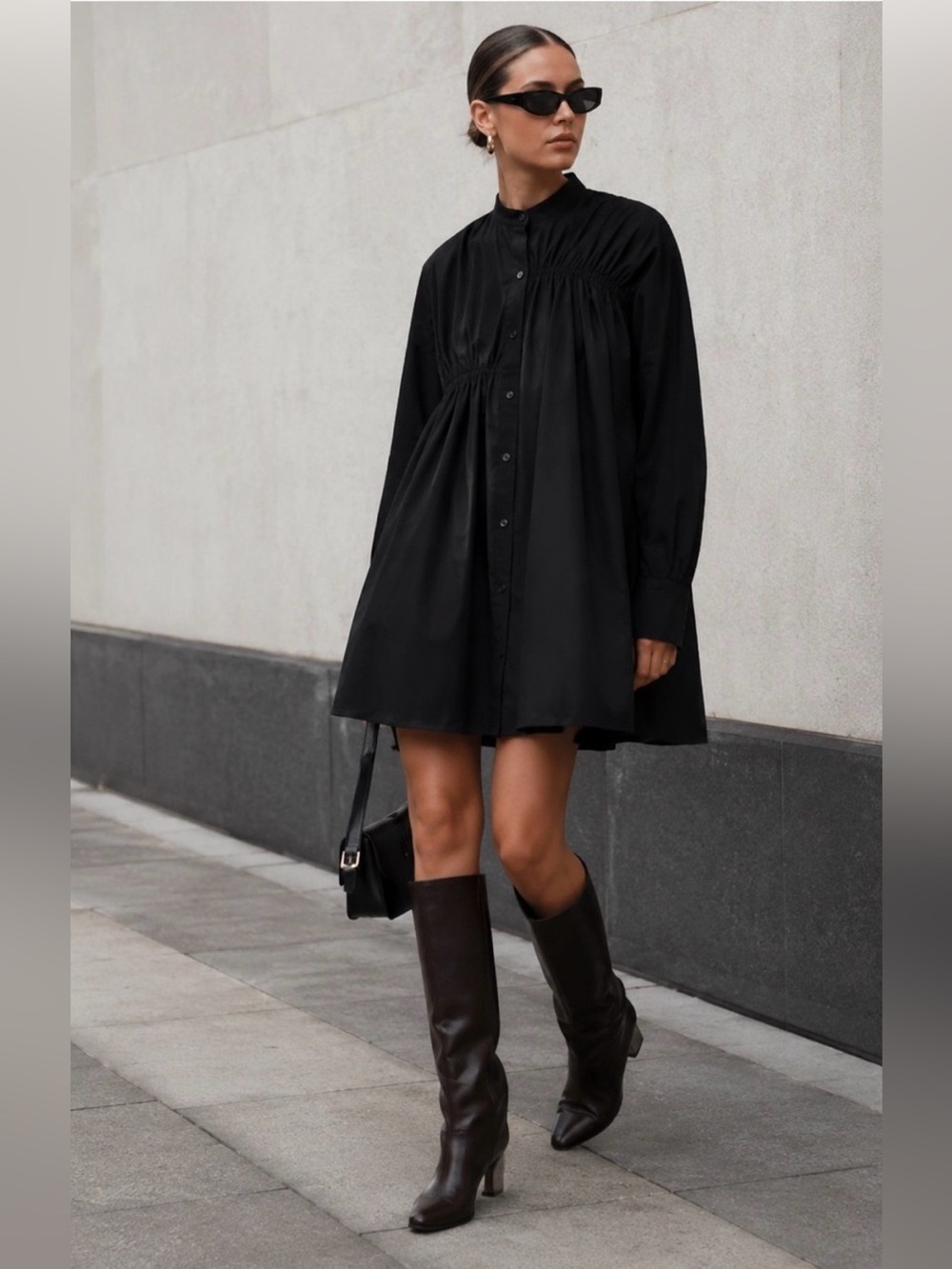 GANNI Dotted Georgette Gathered Panel Mini Shirt Dress Black Polka Dot Mini